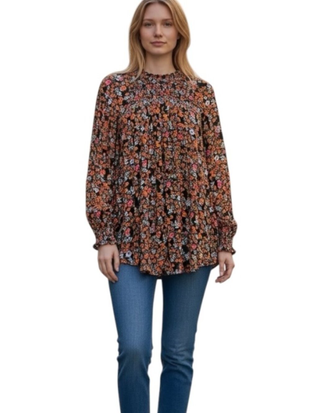 Free People Womens L Black Floral Smocked Peasant Blouse Boho Cottagecore Top